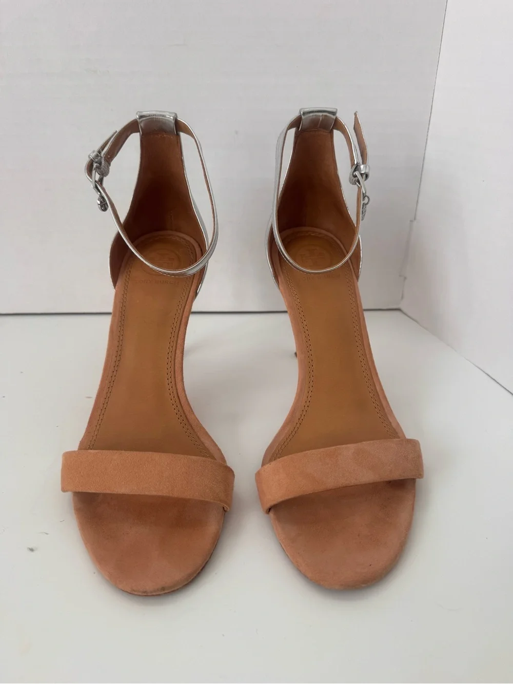 Tory Burch Ellie 85mm Silver Metallic Tan Suede Ankle Strap Sandals Heels 7M